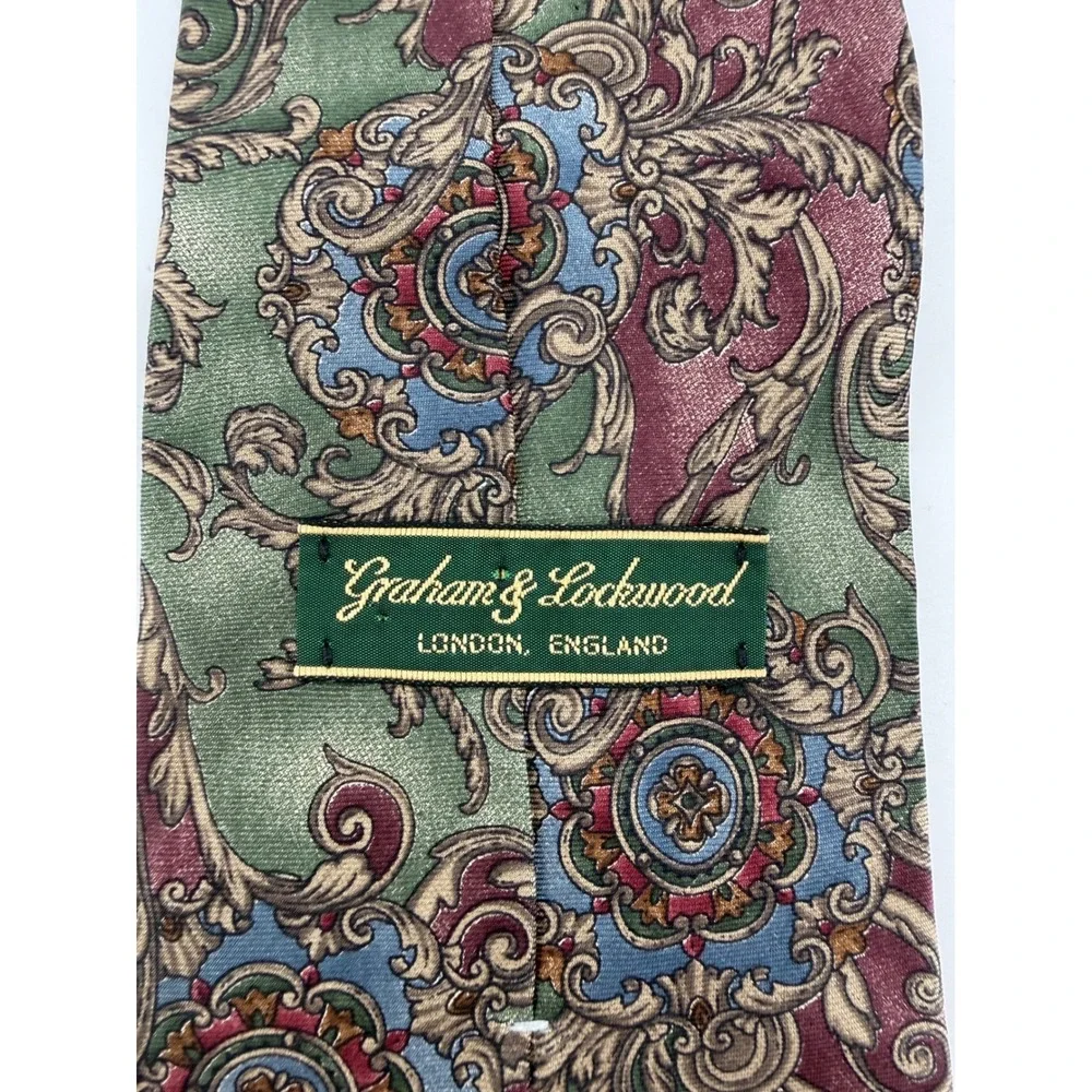 Graham & Lockwood London Mens Silk Tie Green Burgundy Paisley Floral Vintage UK